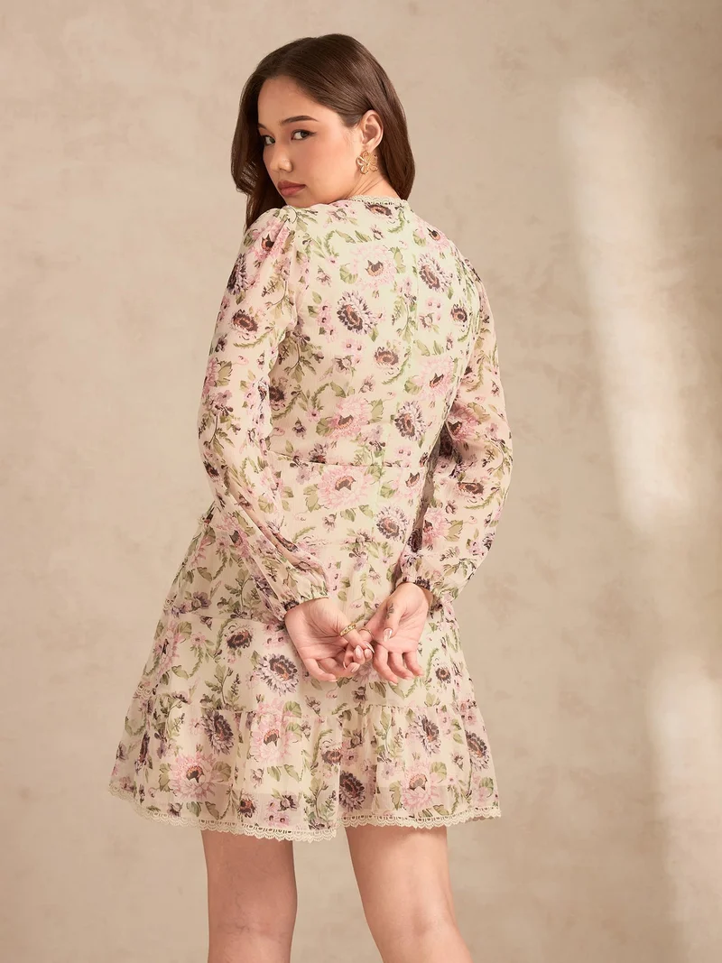 Outzidr  Multi Floral Printed Dress With Lace Detailing for Women | Best Price UAE